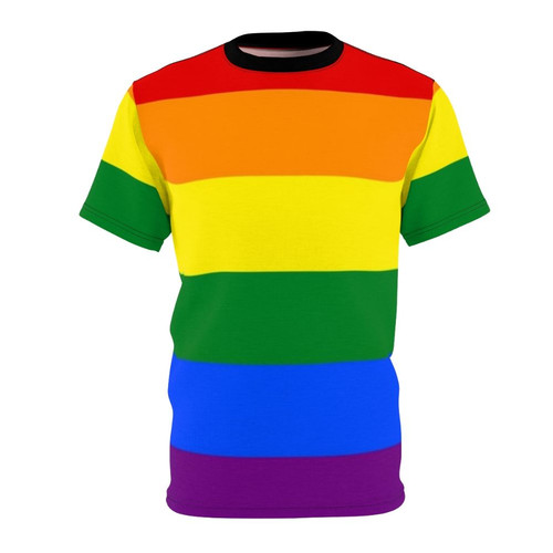Colorful rainbow flag design printed on a high-quality t-shirt for LGBTQ pride and equality.