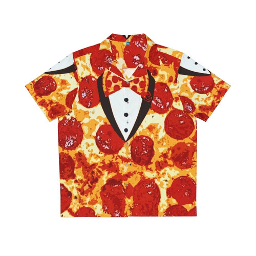 Pepperoni pizza themed tuxedo-style Hawaiian shirt