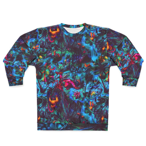 Paleo party dinosaur sweatshirt with psychedelic, ancient creature design