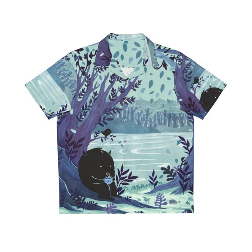 Peaceful Hawaiian shirt with a tranquil watercolor artwork of a woodland lake scene