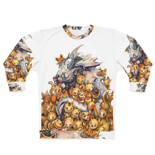 Crazy cat dragon hoarding golden kittens on a cozy sweatshirt