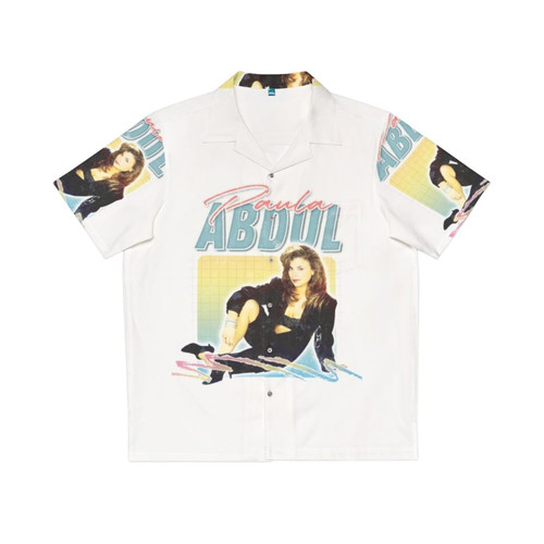 Paula Abdul wearing a vibrant tropical print Hawaiian shirt