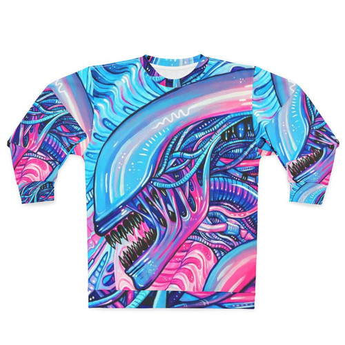 Colorful cotton candy alien acrylic painting design on a sweatshirt