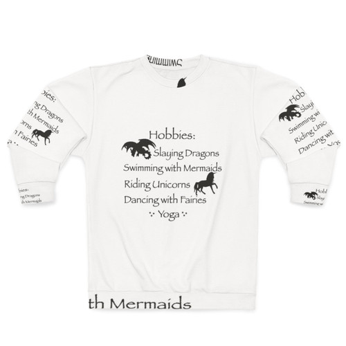 Magical hobbies sweatshirt featuring fantasy elements like dragons, mermaids, and fairies