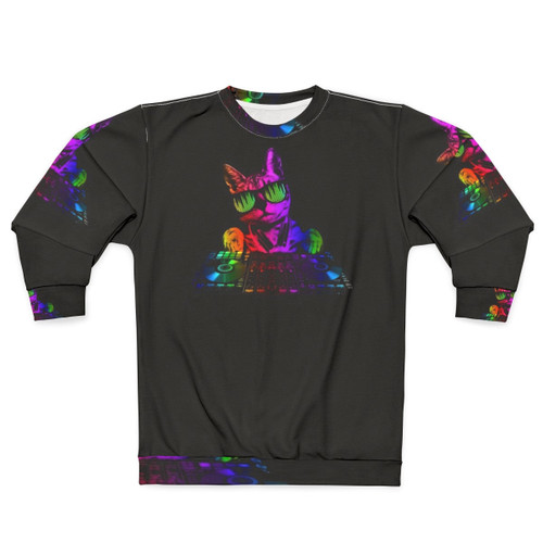 Neon cat DJ sweatshirt for music lovers