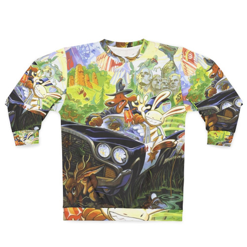 Retro gamer wearing Sam Max hit the road graphic adventure sweatshirt