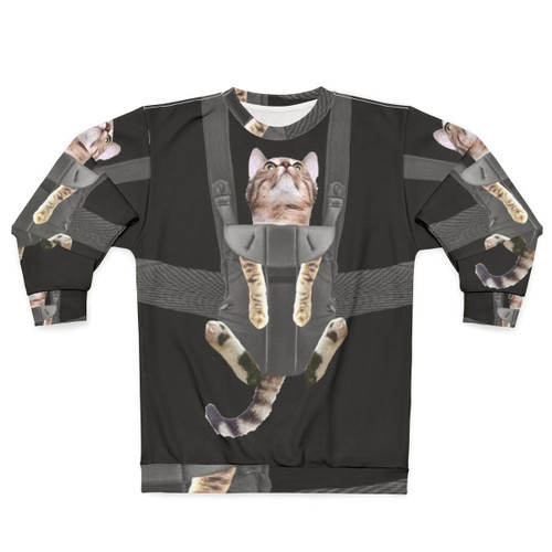 Tabby cat in a baby carrier printed on a comfortable sweatshirt