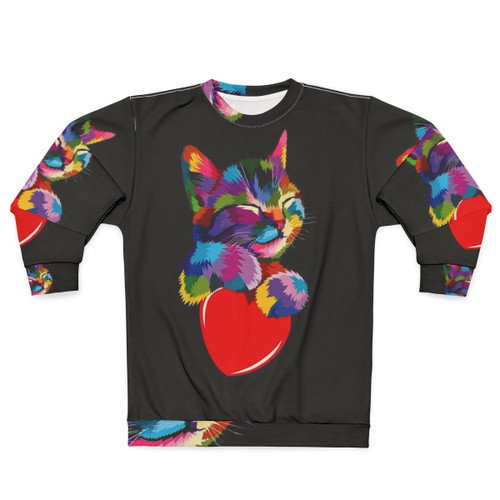 Colorful cat hugging heart graphic sweatshirt