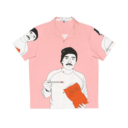 Oscar Isaac wearing a unique Hawaiian shirt with Cheetos and chopsticks design