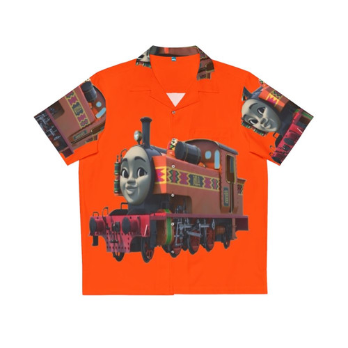 Vibrant orange Hawaiian shirt with train engine design