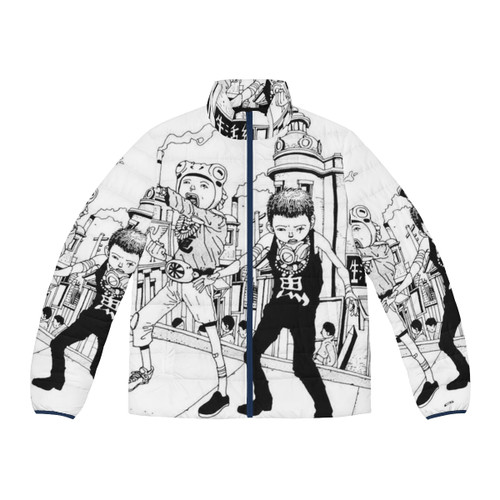 Tekkonkinkreet inspired puffer jacket with cat, rat, dog, and city graphics