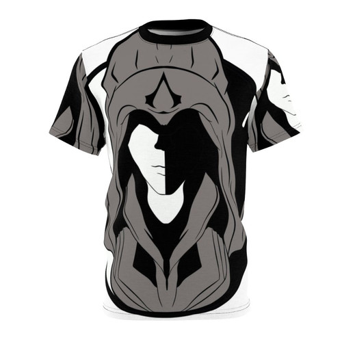 Stylish gray and black t-shirt with an assassin-inspired logo design and yin yang symbol