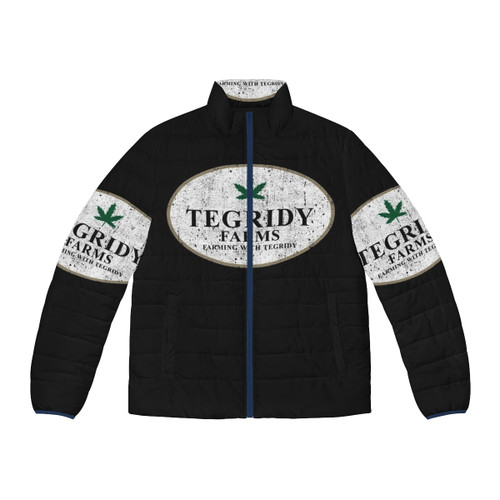 South Park Tegridy Farms themed puffer jacket with cartoon characters