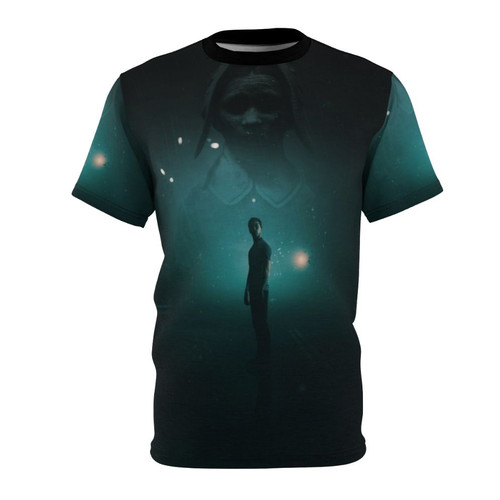 A dark and atmospheric t-shirt design featuring imagery from The Dark Pictures Anthology horror game series.