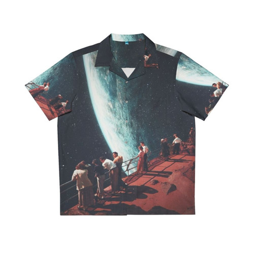 Nostalgic retro-futuristic Hawaiian shirt with collage art featuring space, planets, and surreal landscapes