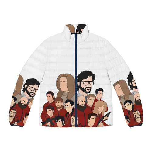 Money Heist Professor Puffer Jacket featuring the iconic characters from the Netflix series
