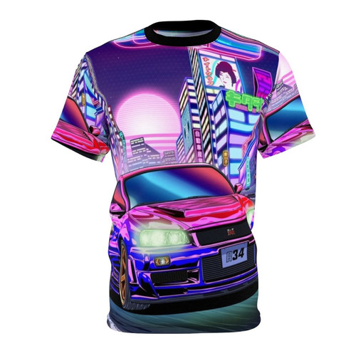 A vaporwave-style t-shirt featuring the iconic Nissan Skyline R34 sports car.