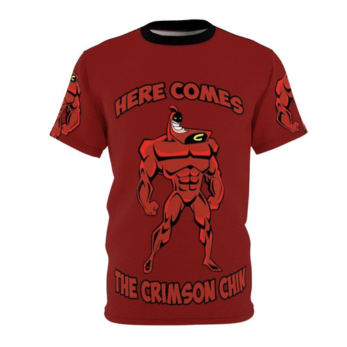 Image of a t-shirt featuring the iconic Crimson Chin character from the Nickelodeon cartoon "The Fairly OddParents"