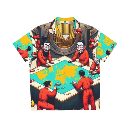 Money Heist The Plan Hawaiian Shirt with iconic red jumpsuits, strategic planning, and gold bars