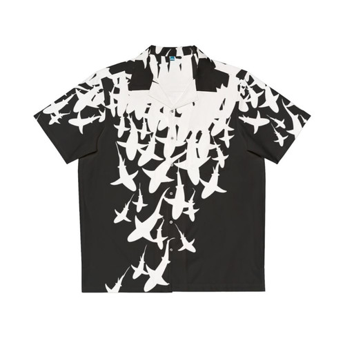 Vibrant Hawaiian shirt featuring a pattern of colorful sharks