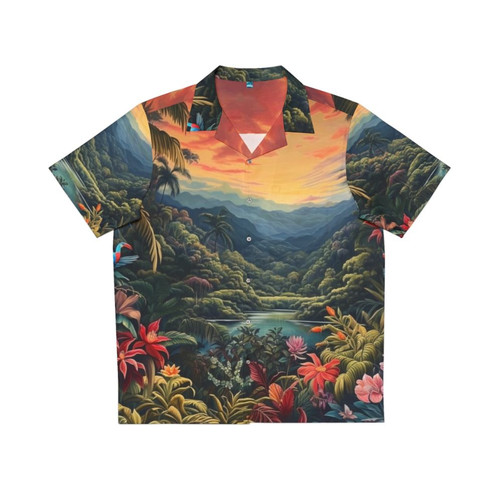 Tropical Hawaiian shirt with lush landscape and floral pattern