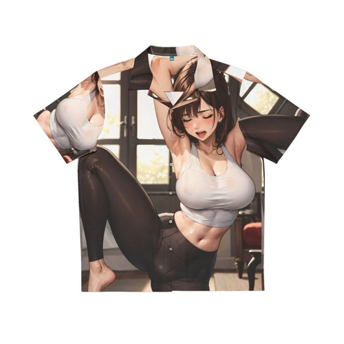 Tropical Hawaiian yoga shirt with anime-inspired floral design
