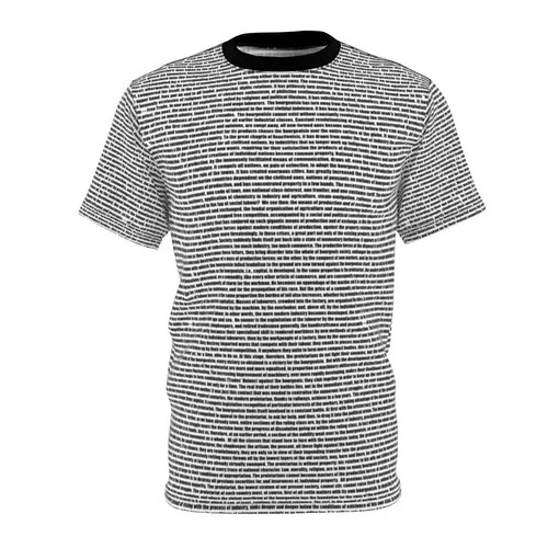 Stylish t-shirt featuring text and design elements inspired by the Communist Manifesto