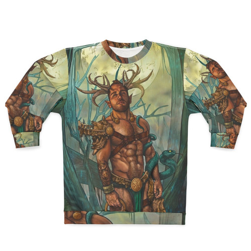 Cernunnos, a mythical pagan satyr figure, featured on a colorful sweatshirt design