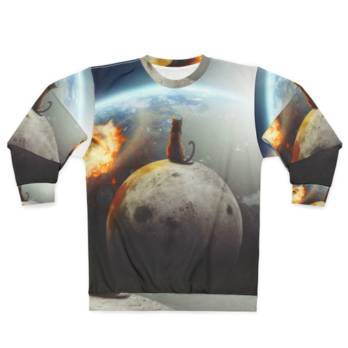 Cat Victory Sweatshirt featuring a graphic of a cat in a space-themed design