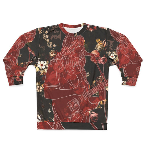 Girl in Red themed sweatshirt with roses