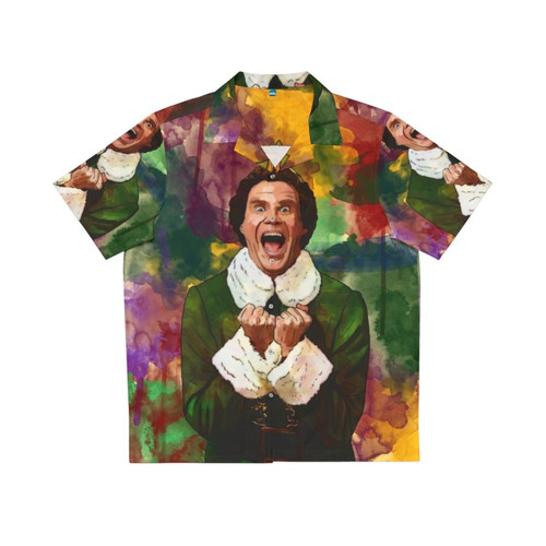 Elf-inspired Christmas Hawaiian shirt with colorful, tropical design