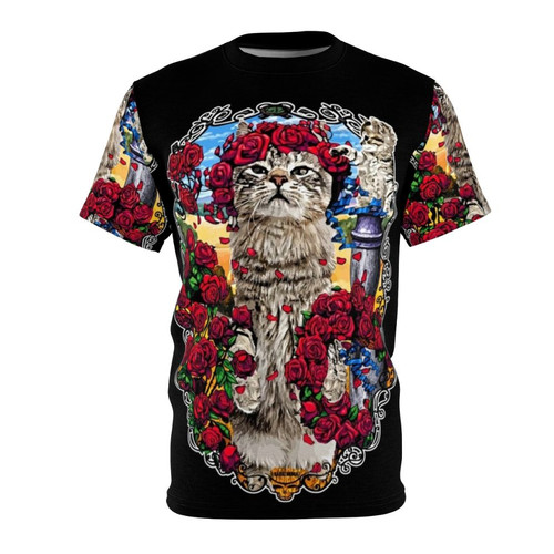 Grateful Cats and Roses Graphic T-shirt Design with Cats, Roses, and Skeleton