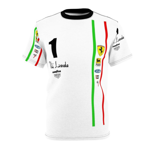 Vintage-inspired t-shirt featuring Niki Lauda's Ferrari Formula 1 car from the 1970s