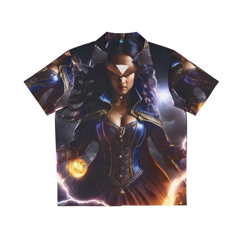 Electric Hawaiian shirt with superhero and magic design