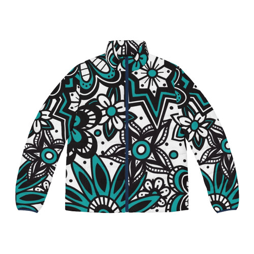 Teal and white puffer jacket with a doodle floral design