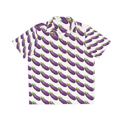 Eggplant emoji on a colorful Hawaiian-style shirt
