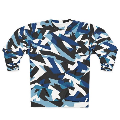 Navy dazzle camo sweatshirt featuring military-inspired camouflage pattern
