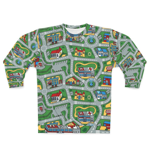 90s nostalgic sweatshirt with car city carpet road rug pattern