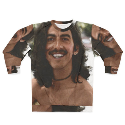 Colorful sweatshirt featuring a colourised image of George Harrison, the legendary Beatles musician