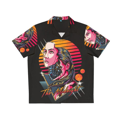 Neon sci-fi cyberpunk Hawaiian shirt with alien and surreal design
