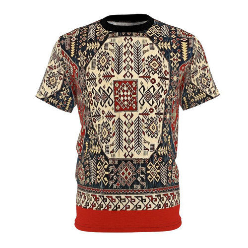 A vibrant t-shirt featuring a stunning Armenian folk art design with the iconic forget-me-not flower.