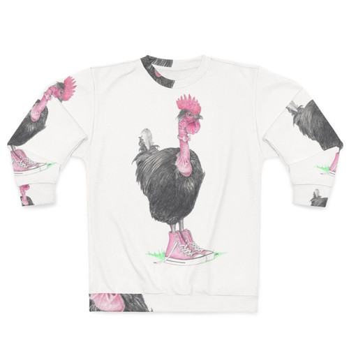Chicken wearing high top sneakers on a sweatshirt
