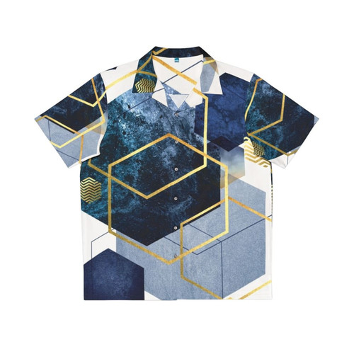 Navy and gold geometric pattern Hawaiian shirt