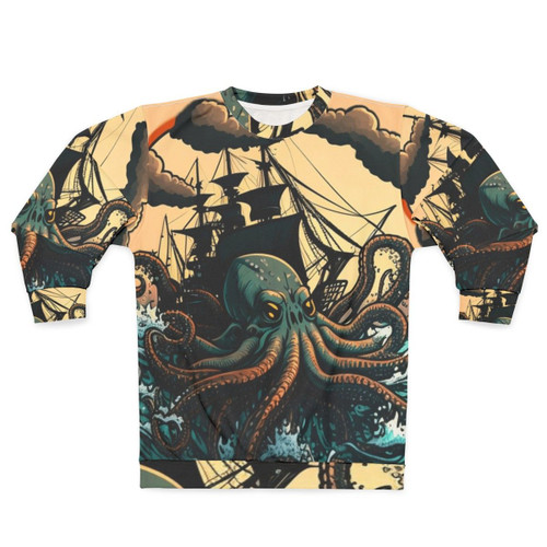 Illustration of various mythical sea creatures on a cozy sweatshirt