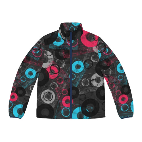 A stylish puffer jacket with a music-inspired, retro design