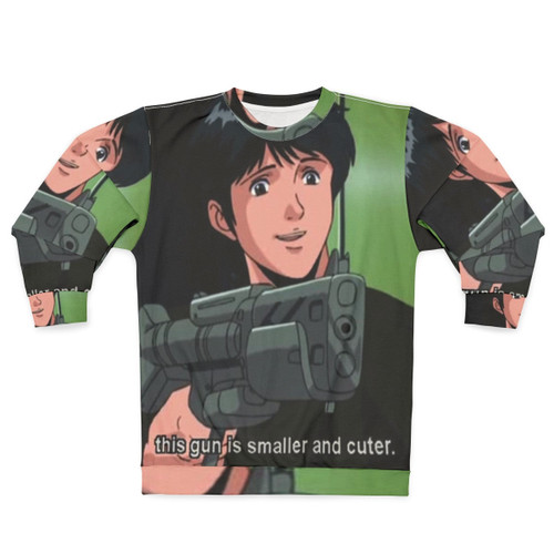 Anime-inspired "Gun" sweatshirt with science-fiction and military-style design