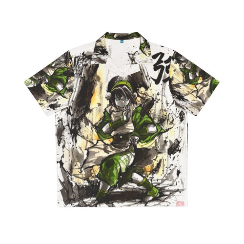 Toph from Avatar The Last Airbender wearing a Hawaiian shirt with sumi-e and watercolor art