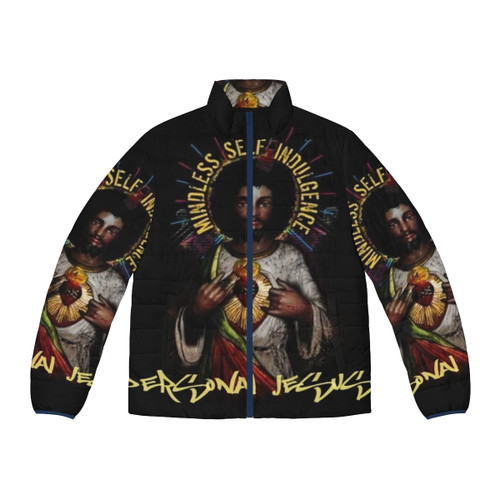 Mindless Self Indulgence Personal Jesus Puffer Jacket with band logo and 'Black Jesus' graphic
