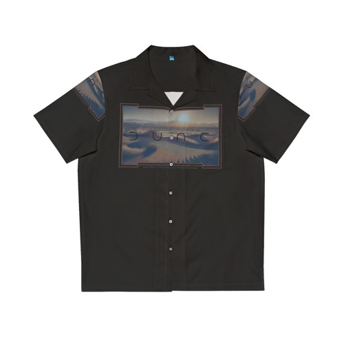 Dune-themed black Hawaiian shirt with desert and spice motifs
