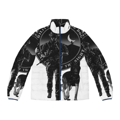 Tactical puffer jacket for military working dog handlers with military, k9, and German Shepherd design